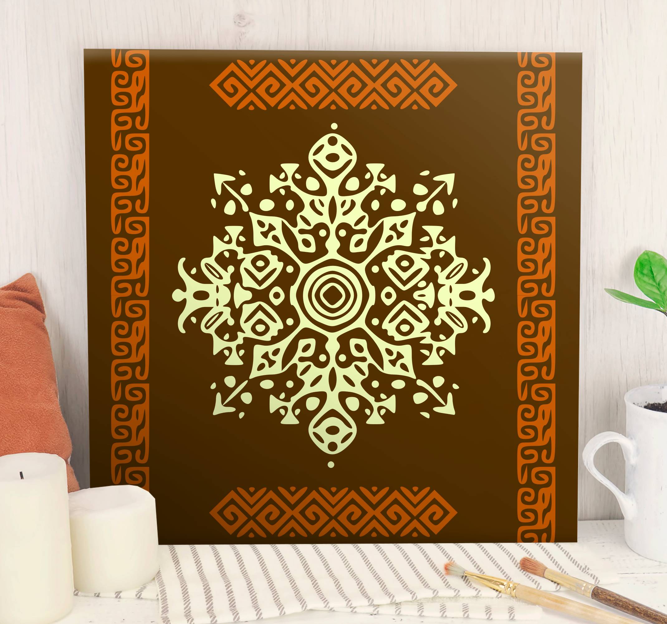 Afrikansk stil brun och gul abstrakt inramadcanvas tavla