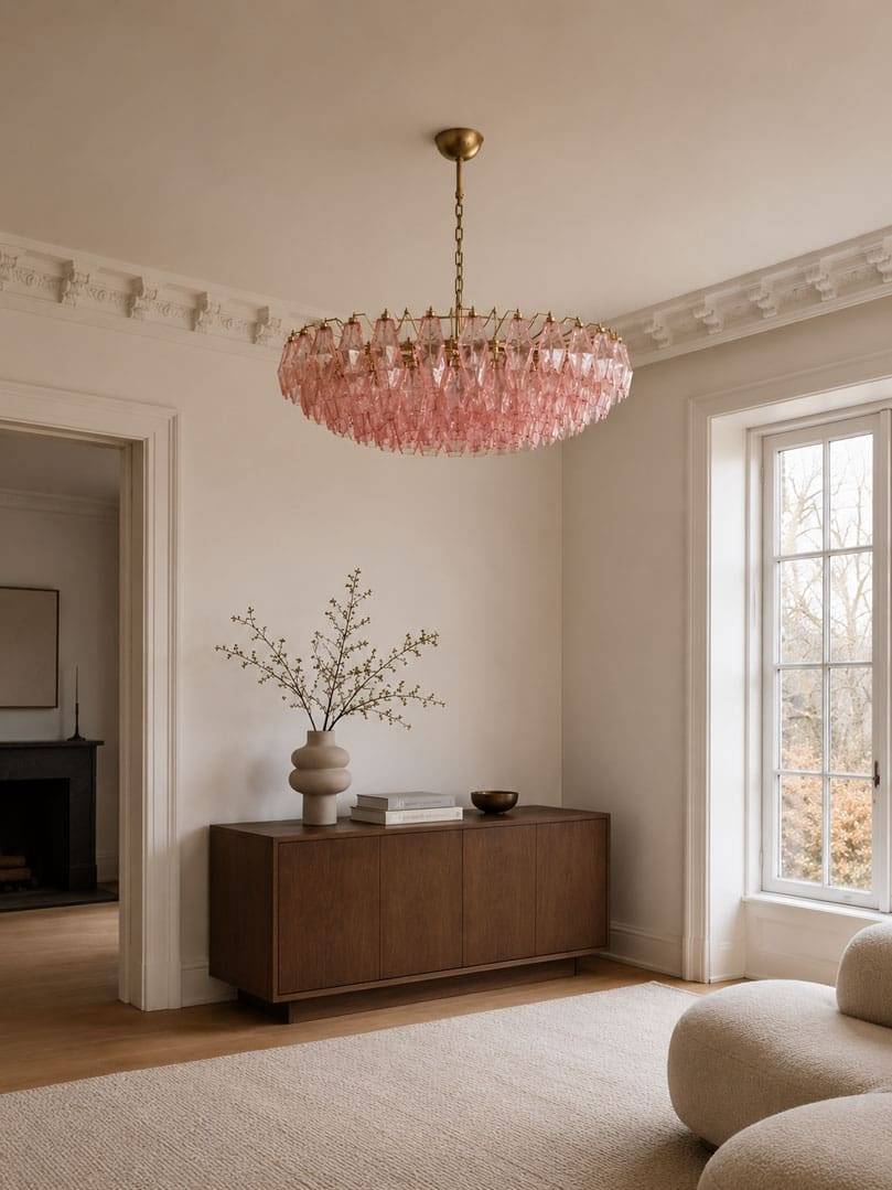 Murano Lysekrone Poliedri 185 glas Rosa Mat guld uden patinering