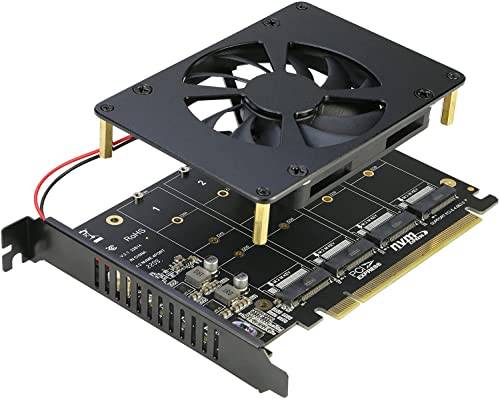 RIITOP Quad NVMe PCIe-adapter 4-portar M.2 till PCI-e 4.0/3.0 x 16-kort med fläktstöd för 2280/2260/2242/2230 NVMe SSD (PCI-e gren krävs)