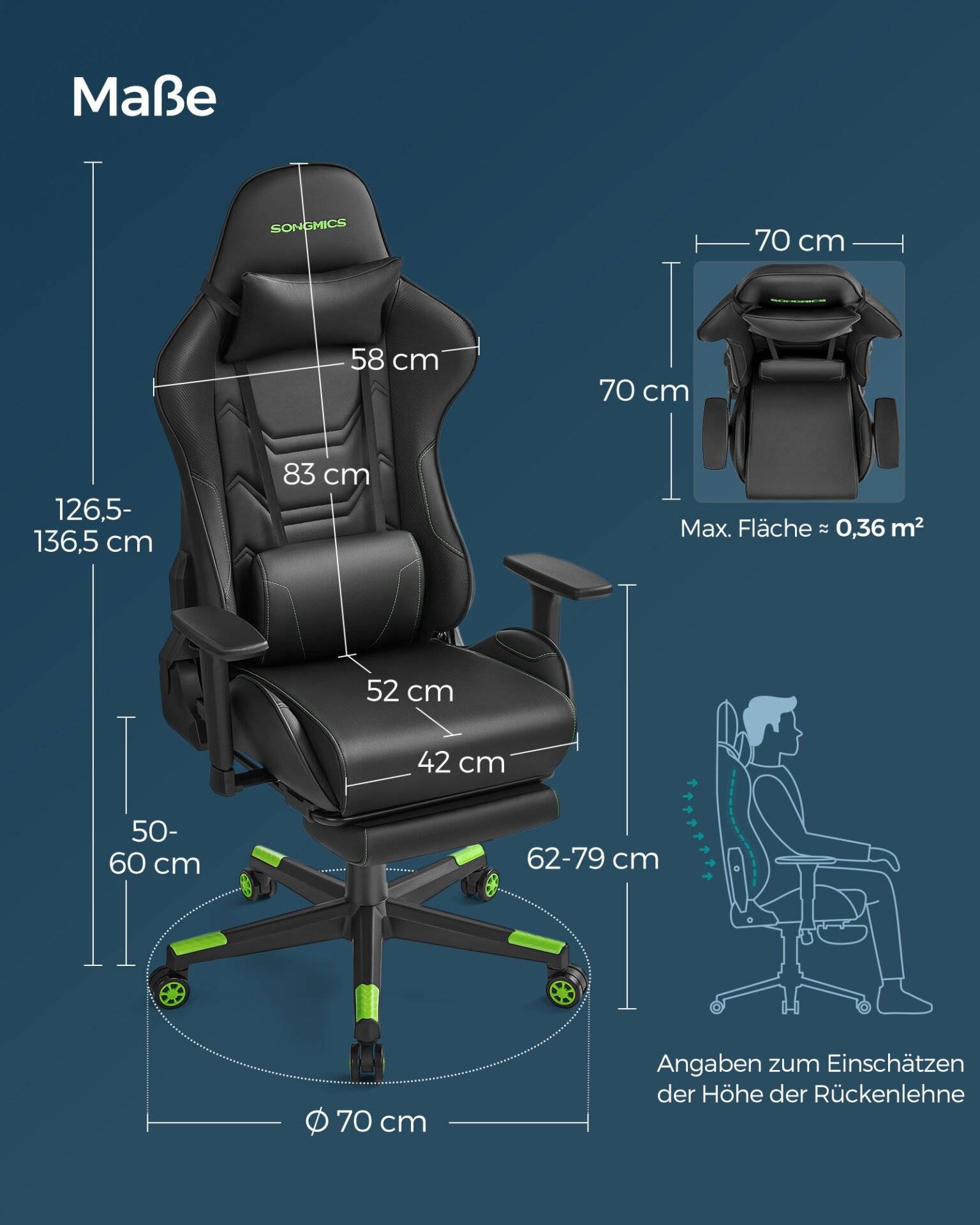 SONGMICS RCG070C01 Ergonomic Office Chair with High Back Armrests Footrest Lumbar Support Pillow Load up to 150kg Black/Green.