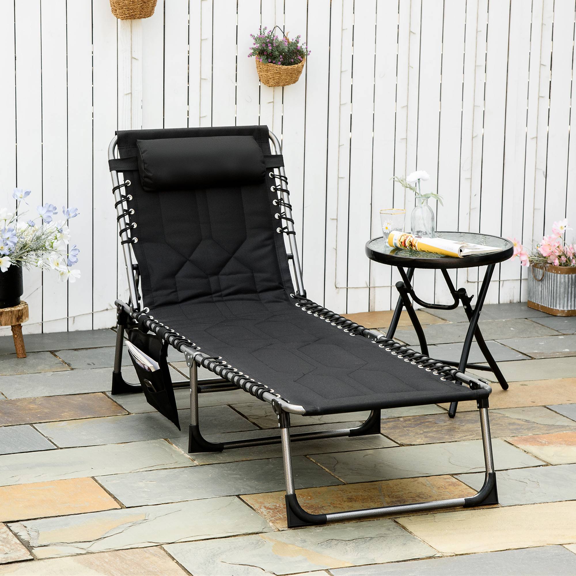 Foldbar liggestol med hynde, 5-niveau justerbar ryglæn, stål Oxford stof, sort, 188 x 57 x 30 cm, til have og terrasse.