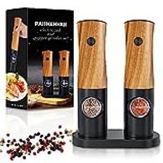 PAISHENKEJI Salt och pepparkvarn, elektriskt set om 2, elektrisk peppar och saltkvarn med batteridrivet elektriskt salt och pepparströare, justerbar pepparkvarn, elektrisk träfärg