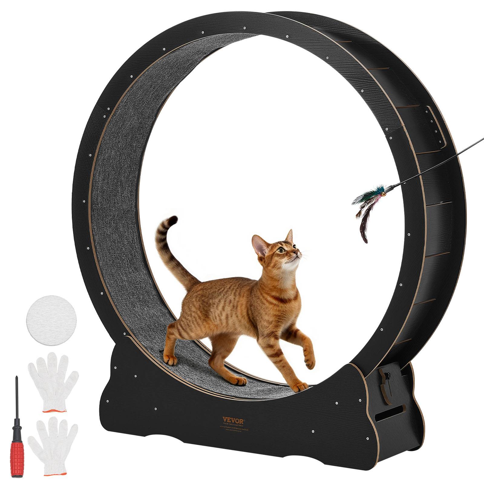 Vevor Cat Exercise Wheel, 132cm Wooden Cat Running Wheel For Indoor Kitten Up To 12.7kg, Cats Treadmill With Carpeted & Locking Mechanism, Quiet Cat Sport Toys For & Health, Black