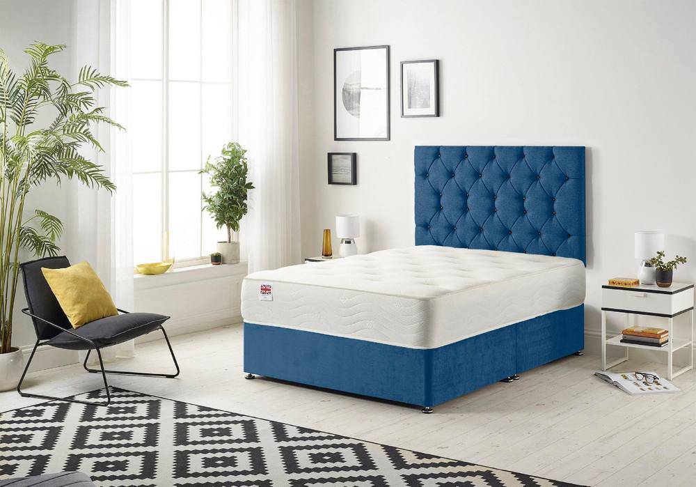 Somnior Premier Divan Bed with 24Cm Deep Mattress and Headboard In Plush Fabric in Navy | Size: Small Double