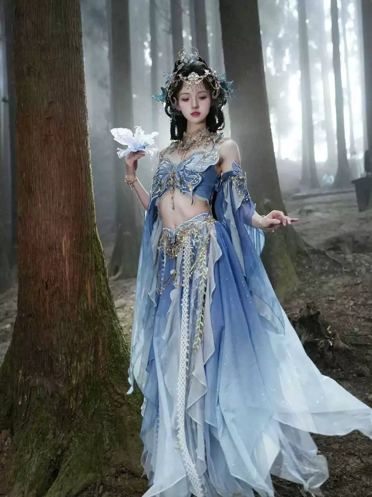 Butterfly Hanfu-Inspired Fantasy Costume Set – 6 Colors - Blue complete set – $157 / S (S)