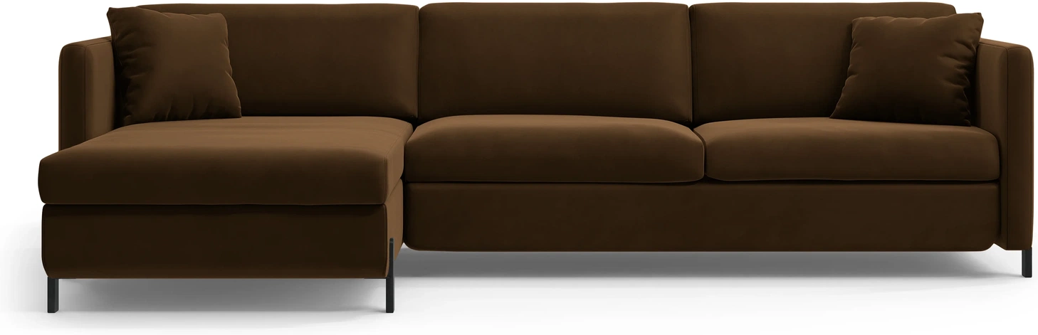 Sovesofa chaiselong Micadoni Gloria venstrevendt, chokoladebrun velour, B266×D170 cm, opbevaring