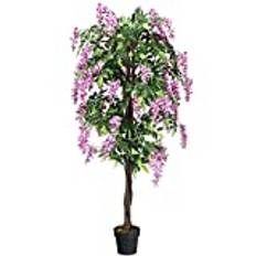 COSTWAY Konstträd med blommor, stor konstgjord växt i kruka, inomhusväxt med naturliga blad och 2 stammar, konstgjorda blommor, konstgjort träd med blommor, rosa, dekorativ konstgjord växt, grön växt,