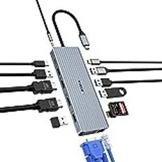 AYCLIF 14-i-1 USB C-nav, trippelskärm USB C-dockningsstation med VGA/2 x HDMI, 10 Gbit/s USB 3.1, Gigabit Ethernet, PD 100 W, 3,5 mm MIC, SD/TF, USB C-adapter för MacBook Pro/Air HP, Lenovo, Dell