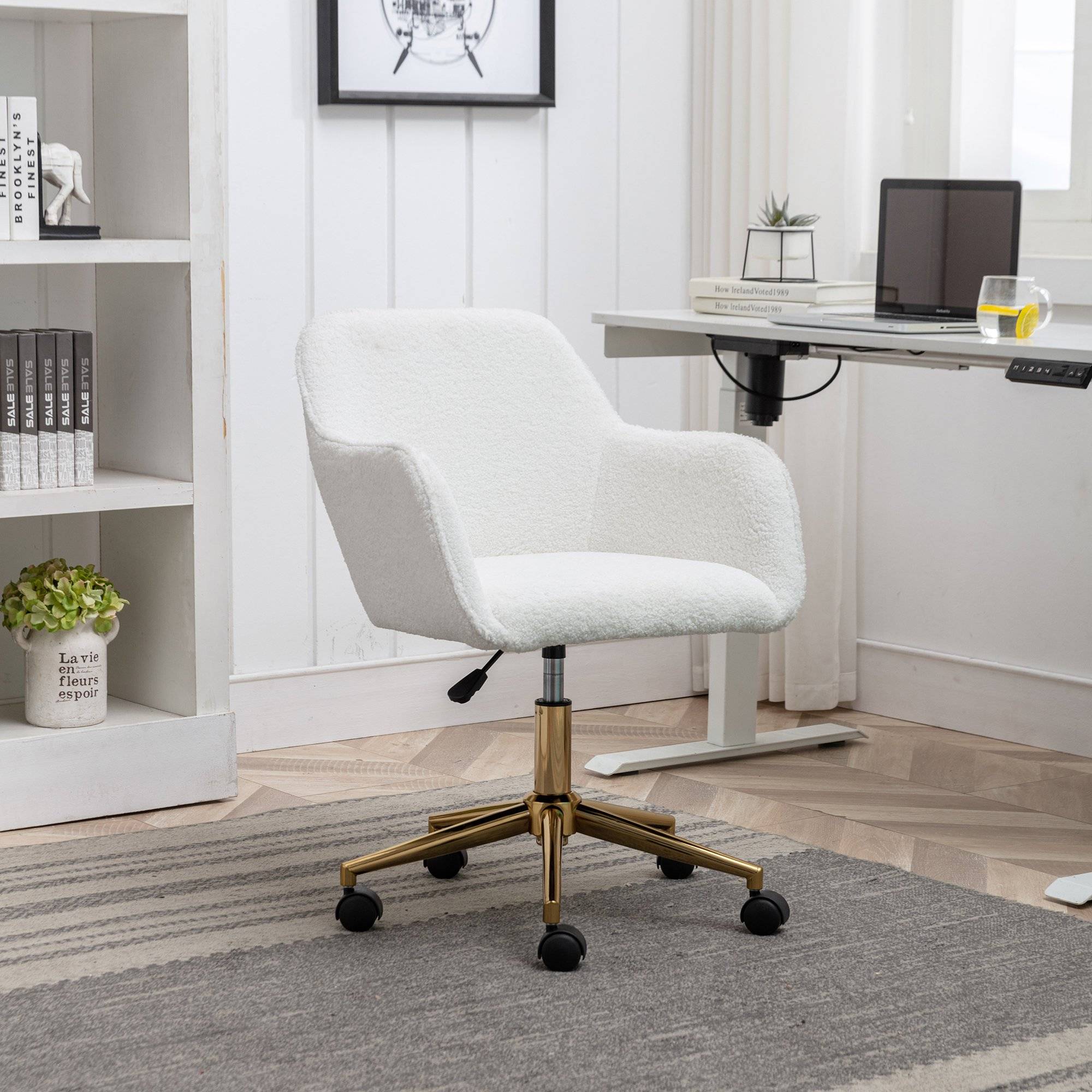 Boucle Teddy Swivel Office Chair, Adjustable Height, Ergonomic Back, Gold Legs, Vanity/Desk Chair with Arms, 58x58x86 cm, White Aosom UK