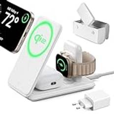 ESR Qi2 3-i-1 trådlös laddningsstation, 15 W Apple Watch-laddare [certifierad] och MagSafe-stöd för iPhone, för flera enheter, iPhone 16/15/14/13, klocka och AirPods 4, med väska, vit