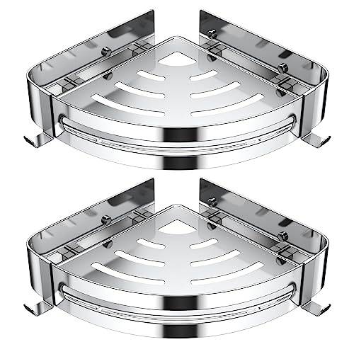 Strength Enemy Duschhylla utan borrning, duschhylla hörnhylla av 304 rostfritt stål, badrumsorganisatör med 4 krokar, rostfri duschhylla för badrum kök toalett (2 stycken, silver)