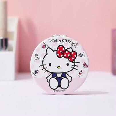 Hello Kitty klassisk dubbelsidig hopfällbar fickspegel - rund, röd prickig rosett, HD-spegel, lätt och bärbar, nödvändig för att gå ut (1 st) - Rosa (En-Storlek)