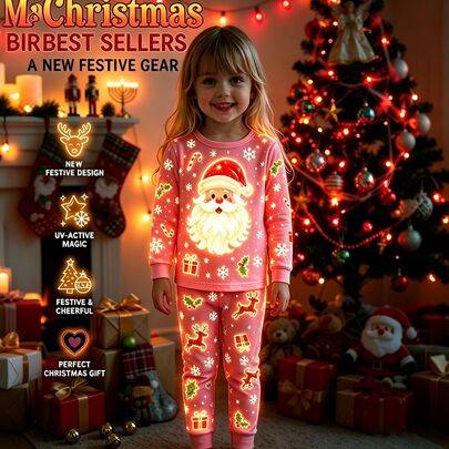 2-delat loungemysset för ung flicka med självlysande jultomtemönster, långärmad topp och byxor, rosa, snug fit, höst/vinter, 7-årsdag och baby shower - Multifärgad (6Y,7Y,4Y,5Y)