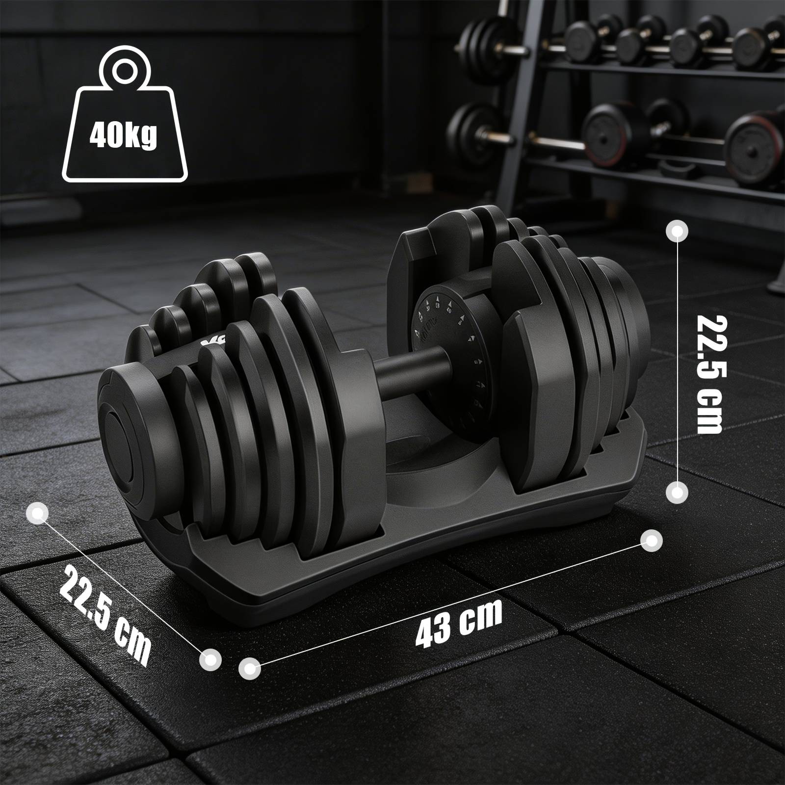 40kg Adjustable Dumbbell Set 17 Weight Levels, Quick Dial Free Weight With Base, Home Gym Strength Training Equipment, Silicon Steel Plate System, Compact , Black