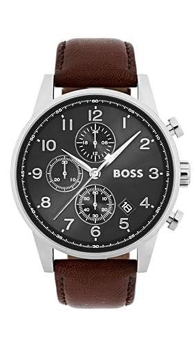 BOSS Chronograph Quarz Uhr für Herren Kollektion Navigator mit Braunes Lederarmband - 1513494