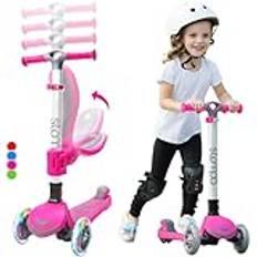 Stompa Barnskoter 3 år för flickor, vikbar skoter med 3 hjul, LED-blixt, 4 höjdjusterbar, småbarn, skoter med säte, rutschkana, sparkcykel, 2 EN 1 barnskoter för ålder 3–8