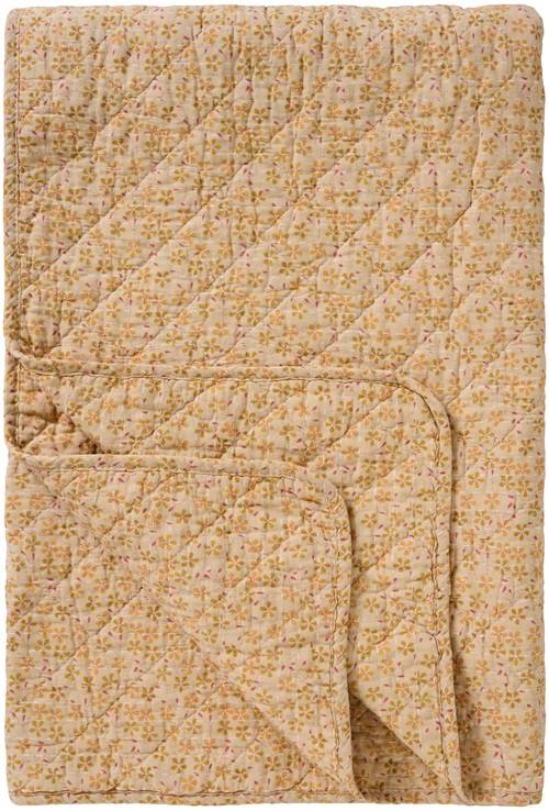 Ib Laursen - Quilt beige med gule, grønne og hindbærfarvede blomster- 130 x 180 cm.