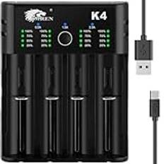 IMREN 18650 batteriladdare, 2000mA snabb laddare för 3,7V Li-Ion batteri 18650 14500 14650 17500 18350 18700 20700 21700 22650 26650 och 1,2V NI-MH/NI-Cd batteri AA AAA C batteri (4 platser)