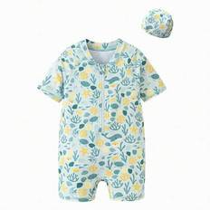 Barnens sommarbaddräkt i ett stycke – kort ärm med mössa, UV-skydd - blå nyans (7Y,8Y,5Y,9-12M,18-24M,3-4Y)
