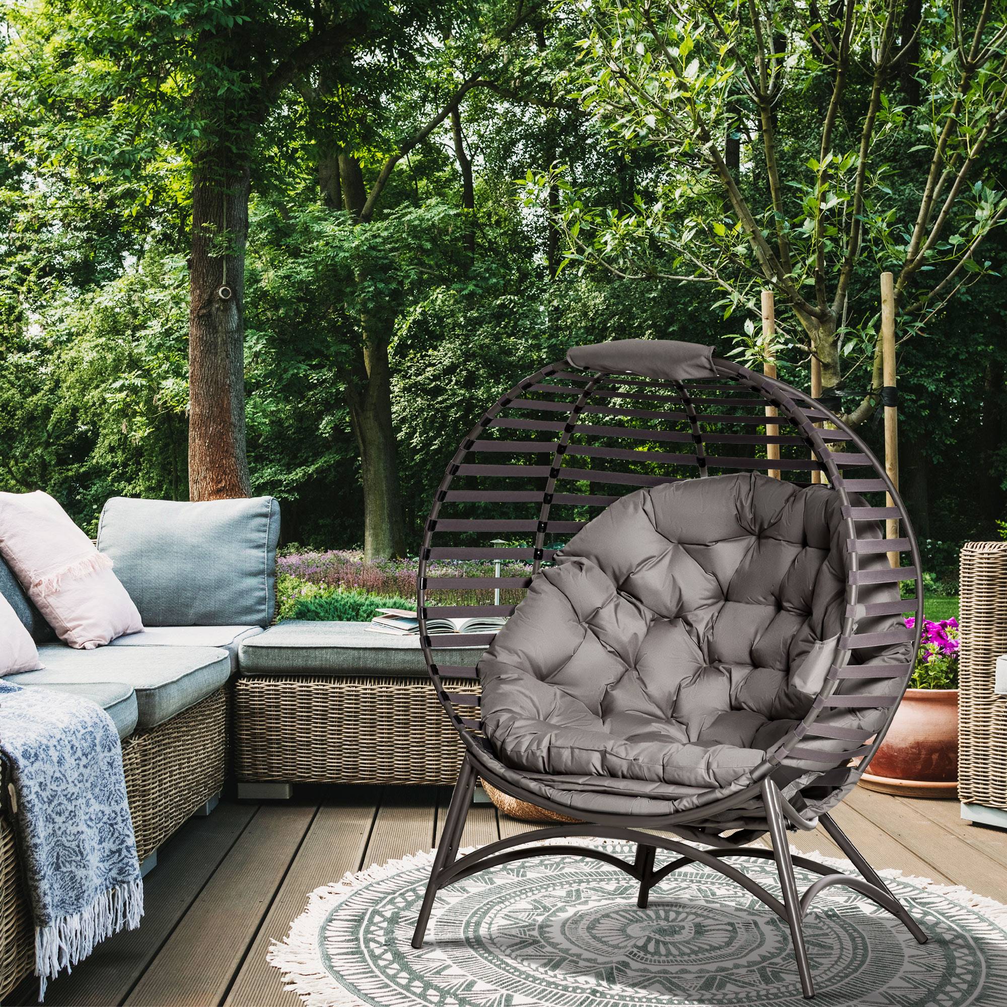 Papasan Stol Havestol 2 Kurve Hynde Oval Loungestol Sammenklappelig Balkon Terrasse Sandbrun Stål 118x75x139cm.
