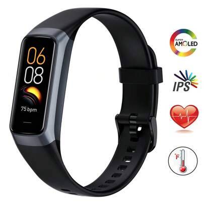 1st svart silikonrem Fitness Tracker Activity For Women Män, 1,1" AMOLED färgskärm Smart Watch, Vattentät Sportklocka, Pulsmätare, Inomhus utomhusspå (En-Storlek)