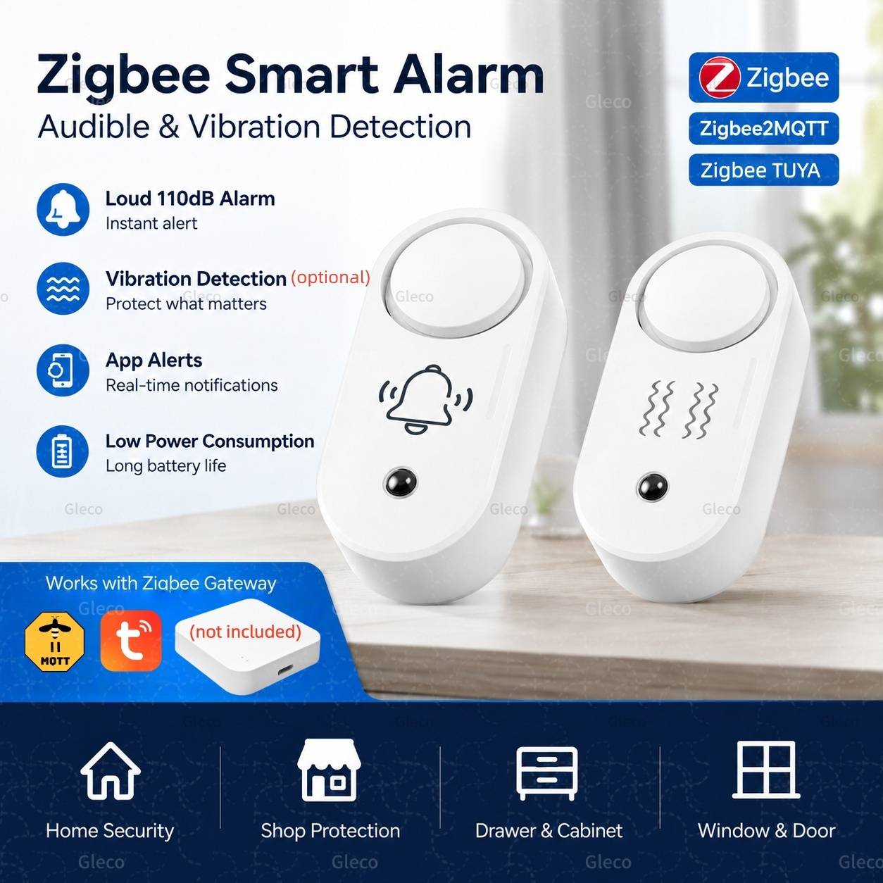 Zigbee Siren Alarm 110dB Vibration Sensor Optional TUYA Smart Life & 2MQTT Smart Home Security Detector Required Zigbee Gateway
