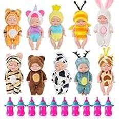 Lotvic Mini babydockor, 10 stycken mini-reborn dockor, babydockor, tillbehörsset med 10 nappflaskor, 10 cm Reborn babydockor Newborn, Newborn Reborn baby, miniatyr dockleksak för barn flickor