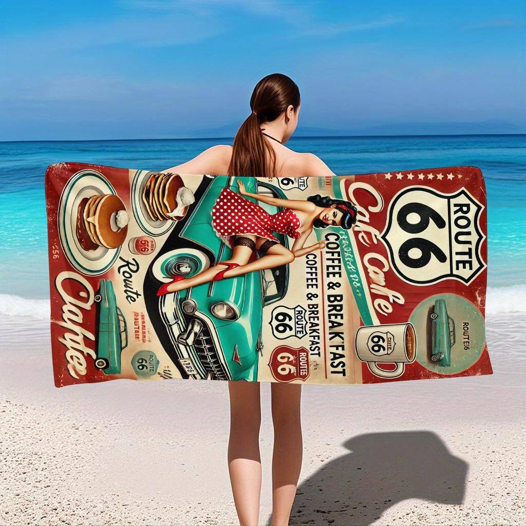 Route 66 Vindkraftverk Strandhandduk, Klassisk Bil och Kaffe Konstnärlig Design Snabbtorkande Sandfri Badhandduk för Strand och Picknick