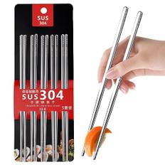 Giugio 5 par ätpinnar i rostfritt stål, metallätpinnar återanvändbara, halkfria stavar diskmaskinssäkra japanska ätpinnar, metallätpinnar personliga chopsticks presentset (silver)