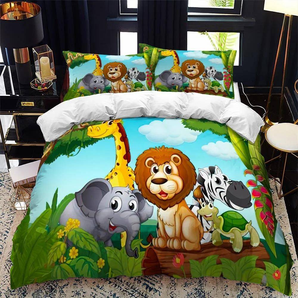 Tecknad Zoo Djur Sängklädesset Pojkar Flickor Enkel Queen Size Påslakan Örngott Säng Barn Vuxen Mode Hemtextil 70x133cm 2pcs