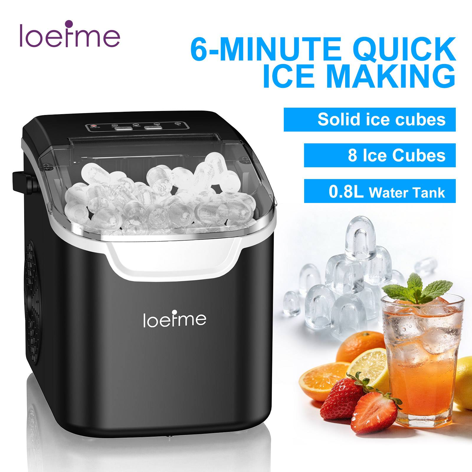 LOEFME Desktop Ice Maker 12kg/24h Portable Quick Ice Making 6 Min 8pcs Ice Cubes Self-Cleaning with Scoop for Home Camping Party
