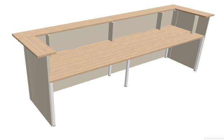 NOVA receptionsdisk, Melamin og plexiglas - Mange farvemuligheder. U-FORM B:347 x D:93,5 x H:112,5 cm Sand grey front / Amber eg top Med indbygget skr.