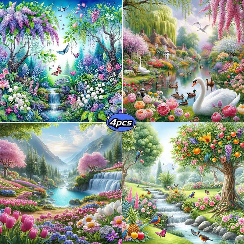 4pcs Pastoral Illustrations, Diamond Painting Diy Kit, 20x20cm Round Full-drill Acrylic Diamond Sticker Painting, Art Decoration, And Office Decor