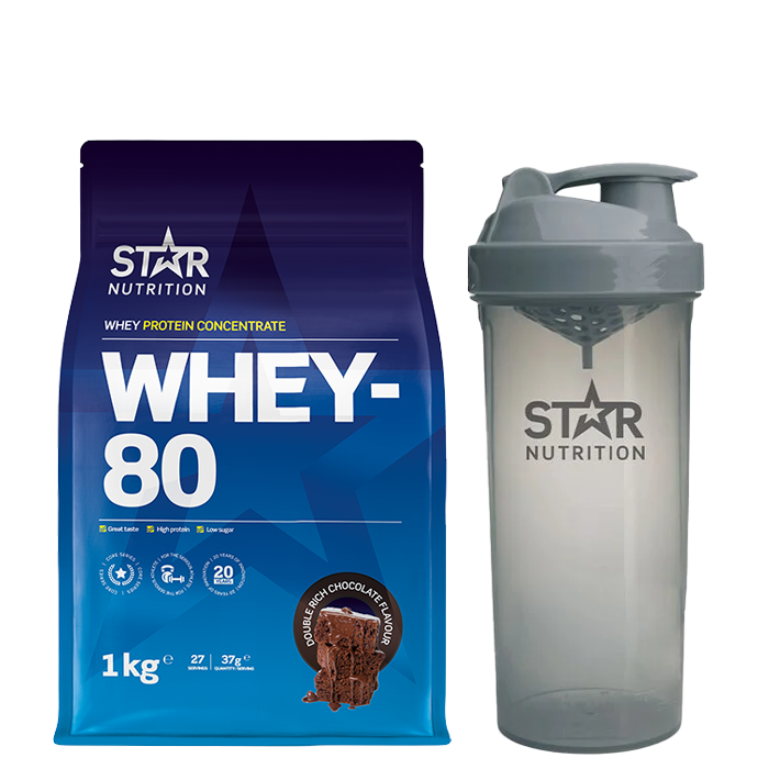 bodyman__performance Star Nutrition Whey-80 1 kg + Shaker Grey 800 ml - Bodyman.dk.