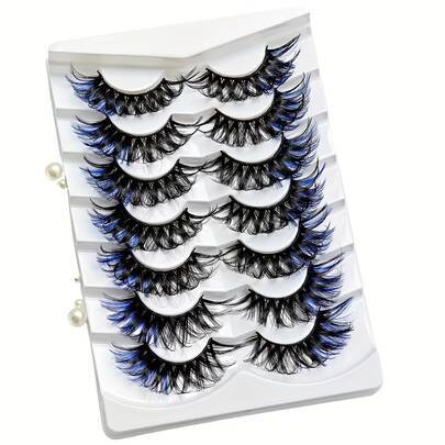 22 mm blå fluffiga överdrivna ögonmakeup falska ögonfransar, 7 par mjuka långvariga fiber färgglada ögonfransförlängningar, tjocka voluminösa personli