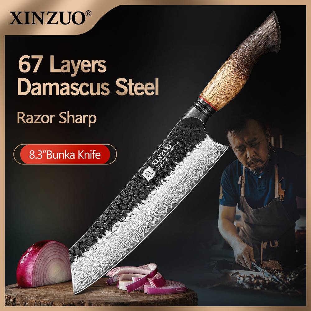 XINZUO 8.31 Inch Bunka Chef Knife Choice 67-Layer Damascus Steel 60±2 HRC 15°±1 Edges White Oak Red G10 Handle with Gift Box