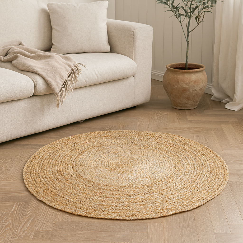 Skønt alsidigt og slidstærkt rundt tæppe i natur jute - vælg størrelse! Ø120 cm.