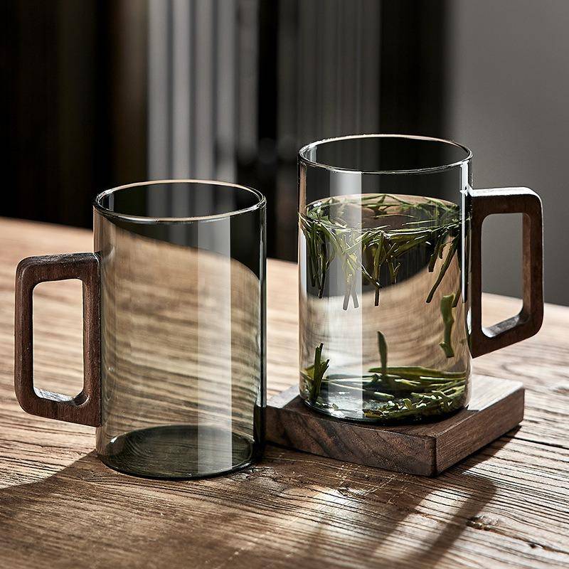 1 st 400 ml glaskoppar med valnötshandtag Hushåll Värmebeständig mugg Stor kapacitet Teberedningskopp Kontor Dricksglas black