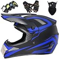 KILCVEM Motorcykelhjälmar, barn motocrosshjälm set med glasögon handskar mask, män kvinnor hel ansikte off-road motorcykelhjälm för fyrhjuling, dirtbike, ATV, downhill, enduro, svart, blå-S