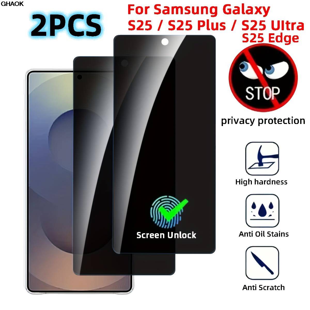 2Pcs Privacy Screen Protector For Samsung Galaxy S26 S24 S25 Plus S25 Ultra  S25 Edge Fingerprint Unlock Anti-spy Tempered Glass