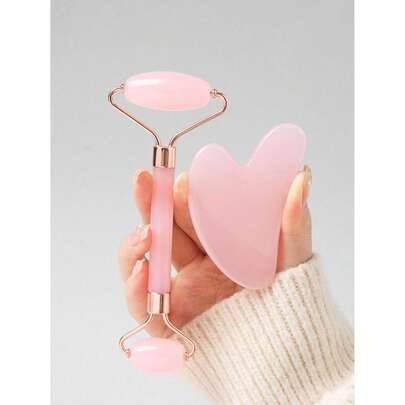 1/2-delars set med ansikts-Gua Sha och massageverktyg, dubbelhövdad massagerulle, hjärtformad Gua Sha-bräda, ansiktsmassage för att lindra svullnad, l (En-Storlek,Rosa 2 st,Lila 2 st,Rosa Gua Sha-bräda 1 st)