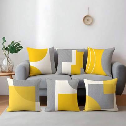 6 st minimalistiska örngott i gult och grått tyg med geometriskt mönster, enkelsidigt tryckt mjukt persikafärgat sammetsmaterial, 45*45/50*50/40*40 cm - Gul-6PC (40*40,45*45,50*50)