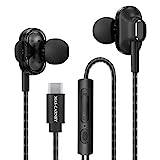 MAS CARNEY USB C Hörlurar TI9, Dubbel Högtalarsystem, Inbyggd Digital Chipset, Mikrofon, Fjärrkontroll, In-Ear-Telefoner Kompatibla med Smartphones Samsung, Huawei, OPPO, Google Pixel, iPad, Svart