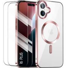 Coque de protection - booling - iphone 16 plus - rose - contour chromé - 2 verres trempés
