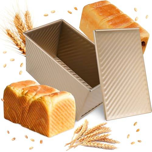 Dncvb brödform med lock 450 g (1 pund), non-stick brödburkar för bakning 21 x 12 x 11,7 cm, stål rostat bröd panna brödburkar för bakning bröd, guld brödpanna med lock