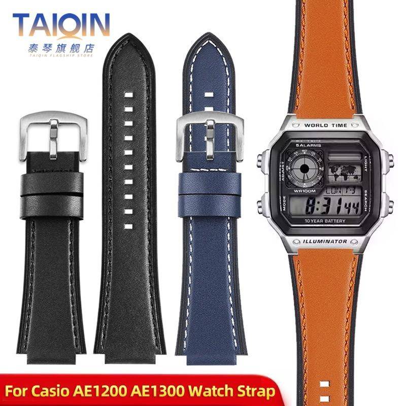 AE-1200 Retro Äkta Läderklockarmband För Casio AE1200 AE-1300 W-218/A168 W-216H Vintage Rem 18mm konvex mun Herrarmband
