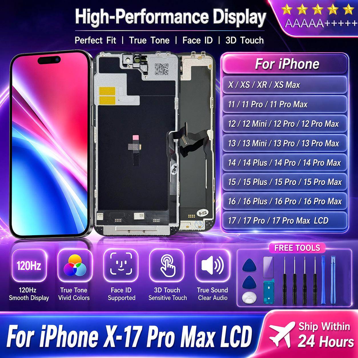 OLED För iPhone 16 15 Pro 17 Pro Max Display Digitizer 3D Pekskärm För iPhone X XR XS Max LCD 11 12 Pro 13 Mini 14 Plus LCD 1