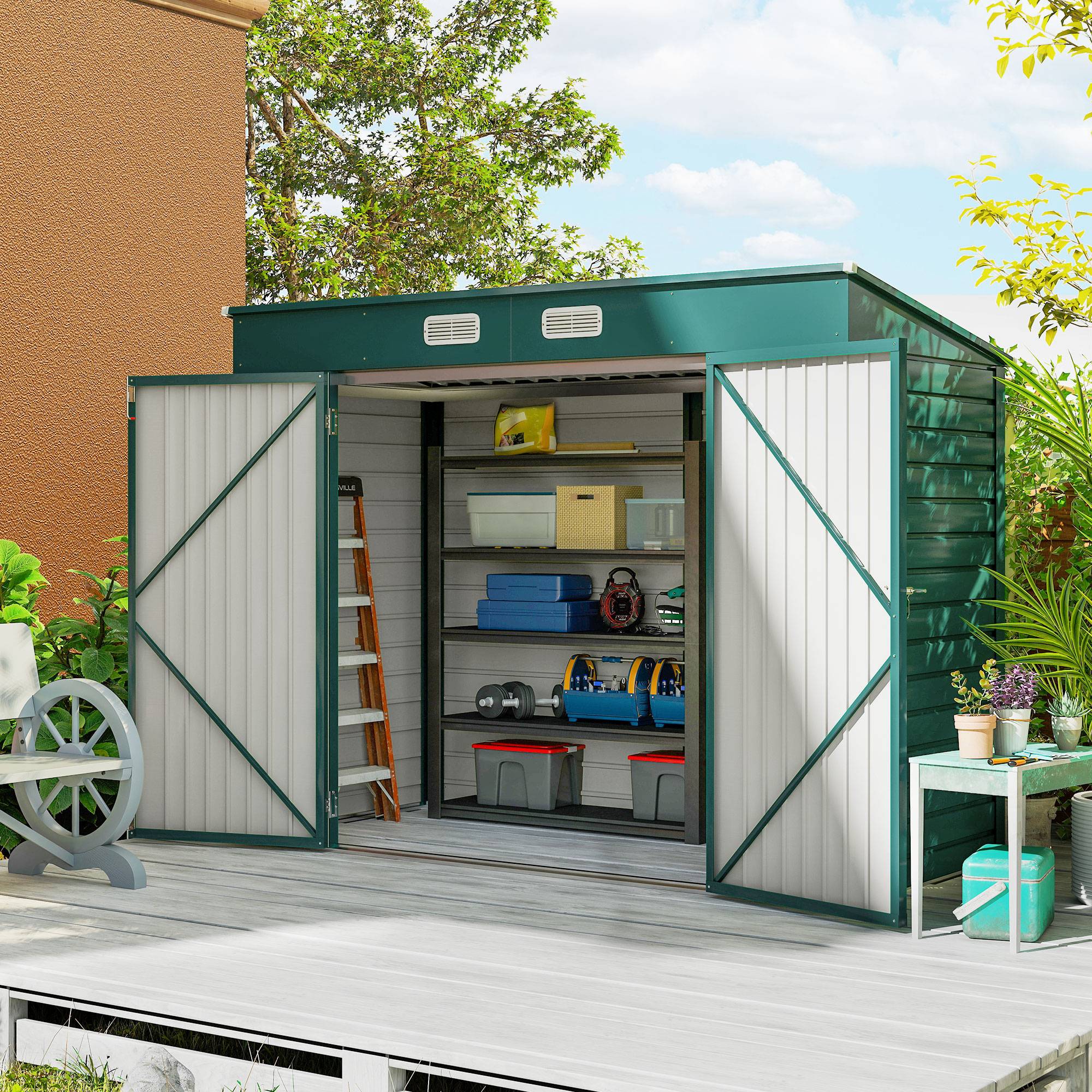 4,1m³ haveskur med skråtag, 249 x 121 x 166/183 cm, redskabsskur med aflåselige dobbeltdøre, vinduer, cykelgarage, stålhaveskab, til baghave, have, grøn.