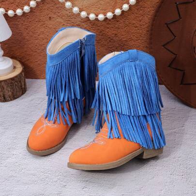 Korta mid-calf-boots för flickor, westernboots med glitterbroderi, tofsar och hög klack, färgblock, rund tå och sidedragkedja - Orange (EUR34,EUR21,EUR22,EUR23,EUR24,EUR25,EUR26,EUR27,EUR28,EUR29,EUR30,EUR31,EUR32,EUR33)