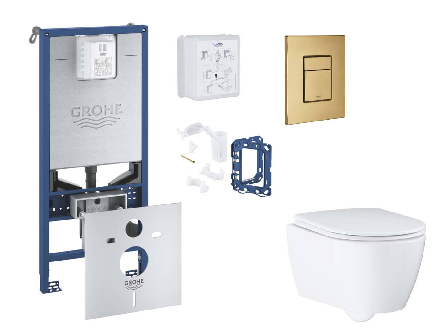 Grohe Rapid SLX - Set med skottinstallation, toalett, SoftClose-sits, Skate Cosmopolitan-knapp och sats för tablettinsättning, borstad Cool Sunrise SANI11BB4150